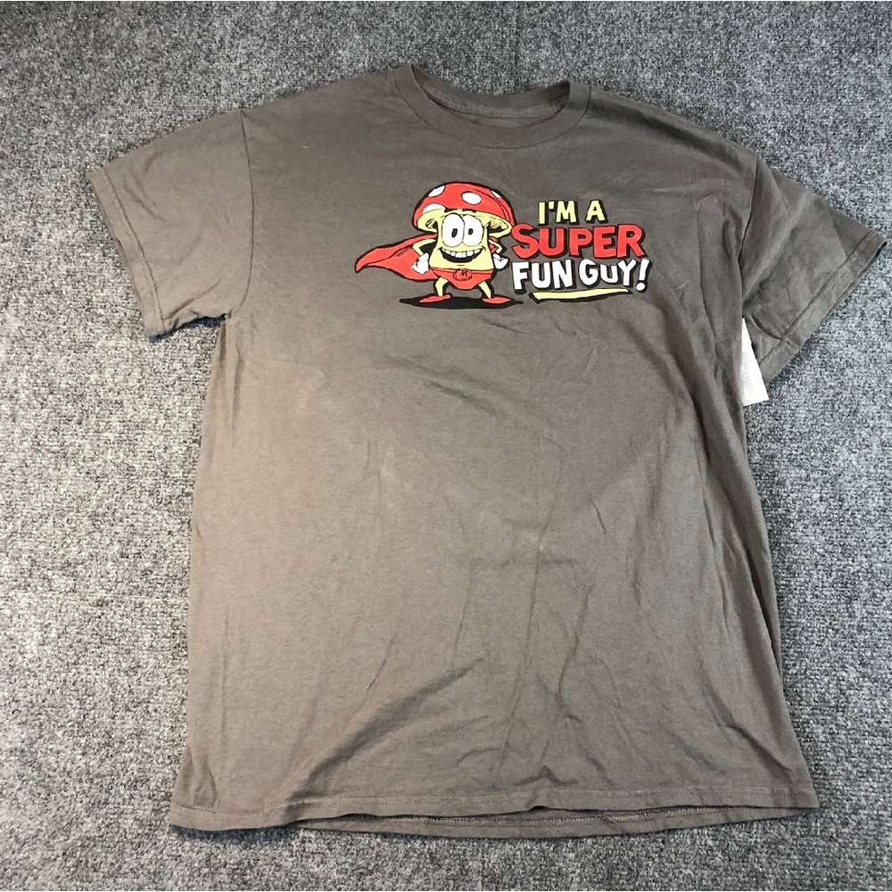 Mens M Mushroom Super Fun Guy Graphic‎ T Shirt Gray Cotton Casual Tee